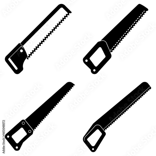 Illustration showcasing four black and white hand saws with different handle and blade configurations