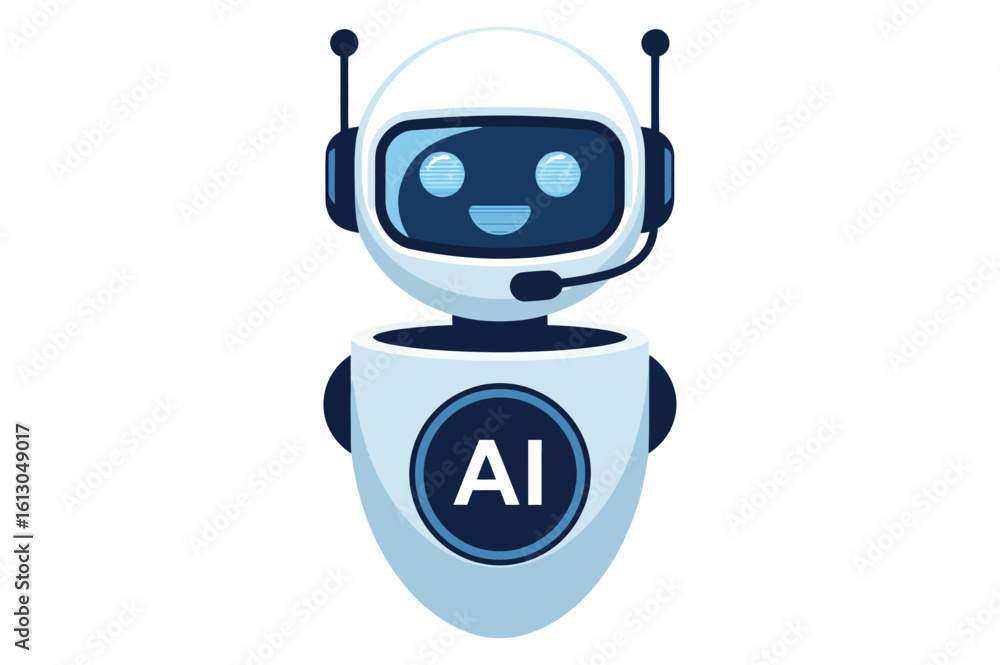 Cartoon robot with smiling face, headset, and “AI” on chest — symbolizing artificial intelligence, communication, and friendly tech persona
