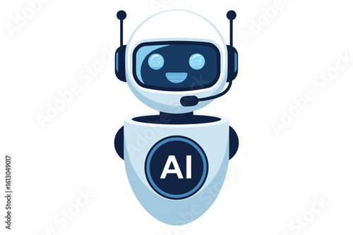 Cartoon robot with smiling face, headset, and “AI” on chest — symbolizing artificial intelligence, communication, and friendly tech persona