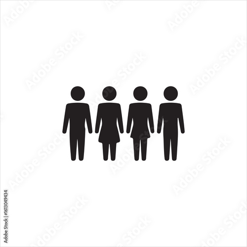 Four black silhouette figures standing in a row on white background group people
