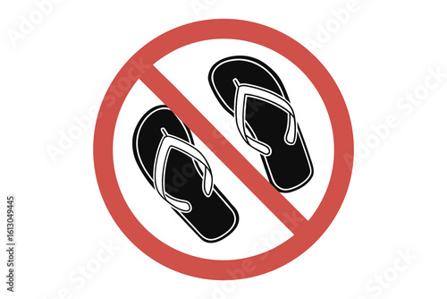 Red prohibition circle with a diagonal line crossing over a pair of black flip flop sandals silhouette isolated on white background