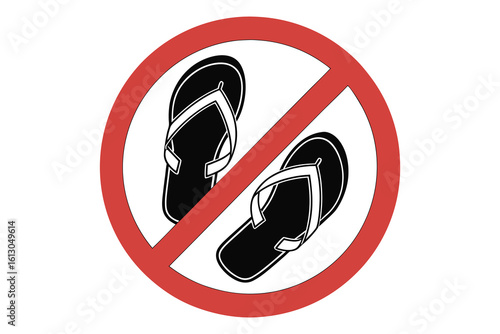 Prohibition sign with a silhouette of flip flops crossed out indicating no footwear allowed isolated on white background
