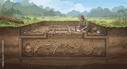 Detailed Archaeological Excavation Site Revealing Ancient Artifacts and Structures