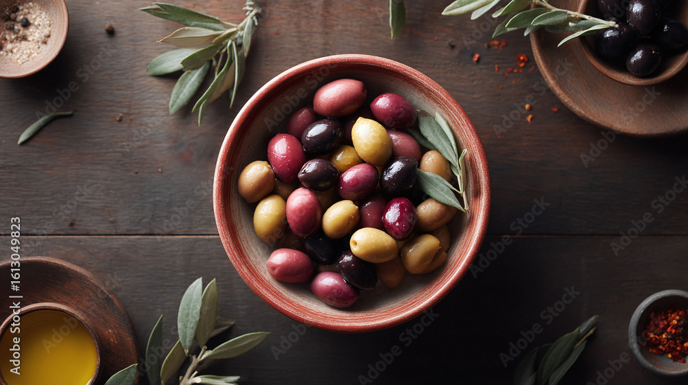 Fototapeta premium Elegant overhead shot of colorful olives in a rustic bowl, representing Mediterranean cuisine, healthy eating, and gourmet food. Perfect for food blogs, recipes, or restaurant promotions.