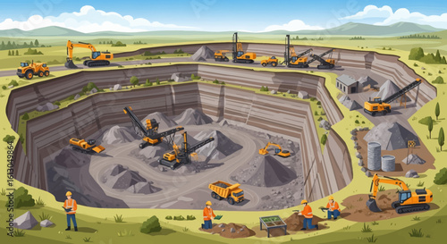 Detailed Illustration of a Large Open-Pit Mine with Heavy Machinery.
