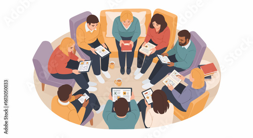 Diverse Group Engaged in Collaborative Learning, Reading, and Discussion.