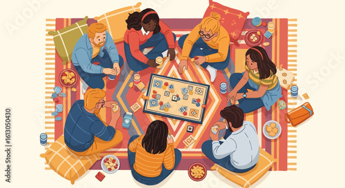 Diverse group of friends playing a board game on a colorful rug