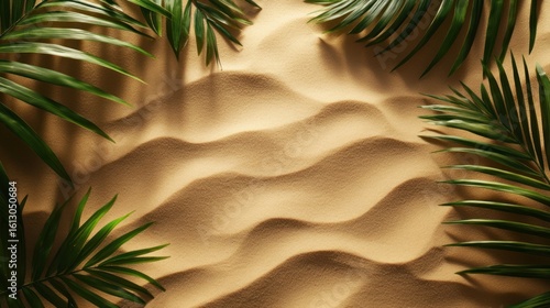 Tropical sand with palm leaves and paradise island
