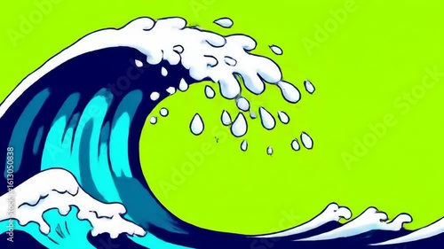 Stylized animated wave cresting against vivid green background, cartoon illustration, dynamic motion