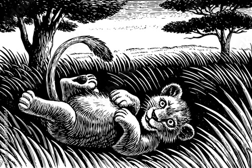 A lion cub playing with tail, joyful and clumsy, vector in a heartwarming and cute black and white line art illustration perfect for children’s and educational design