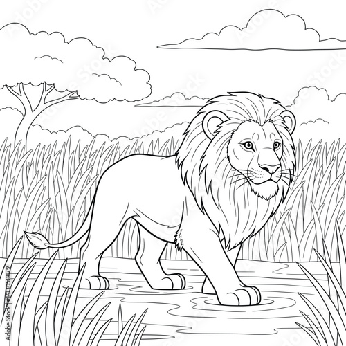 Cartoon Lion Walking Through Water in Savannah — Black and White Line Art Coloring Page for Kids and Animal-Themed Learning Activities