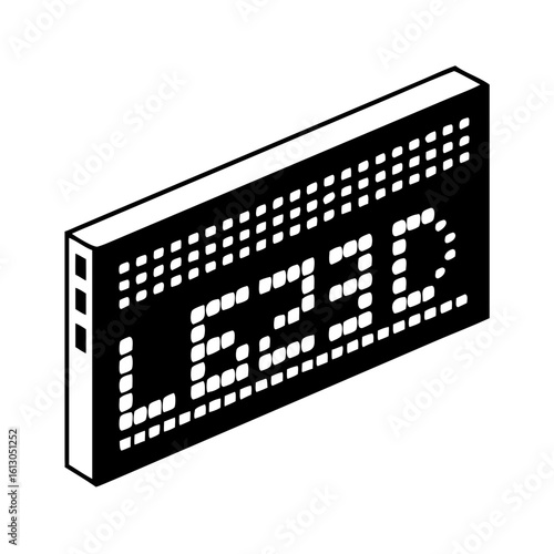 LED digital display panel isometric illustration-Black and white isometric illustration of an LED screen showing text, representing electronic signage, countdown timers, or digital scoreboard display