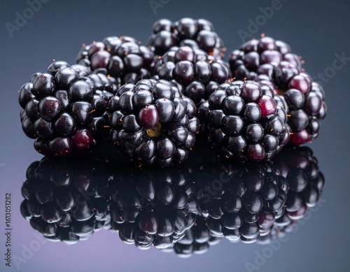 Glassy blackberries with reflective skins, glowing in rich purple tones.