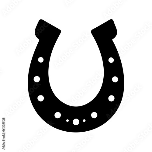 Black horseshoe silhouette icon symbol of fortune-Simple black horseshoe silhouette with multiple circular nail holes, traditionally associated with good luck, fortune, and equestrian gear.