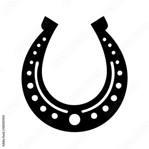 Detailed horseshoe silhouette icon symbolizing luck-Black horseshoe silhouette with multiple nail holes and inner design lines, representing luck, fortune, and equestrian tradition.