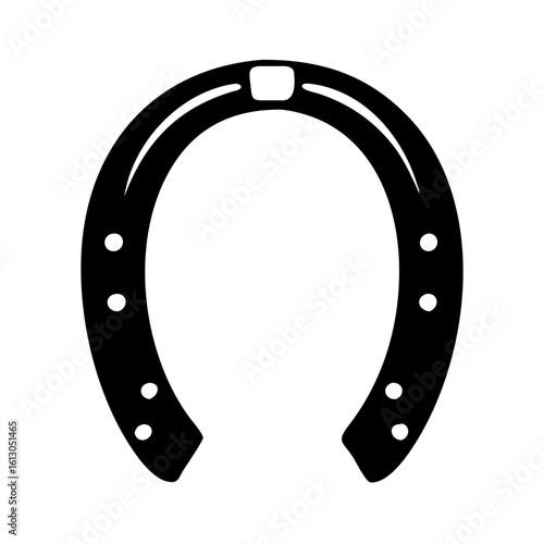 Classic horseshoe silhouette icon for good fortune-Black horseshoe silhouette with a traditional design and circular nail holes, symbolizing luck, protection, and equestrian equipment.