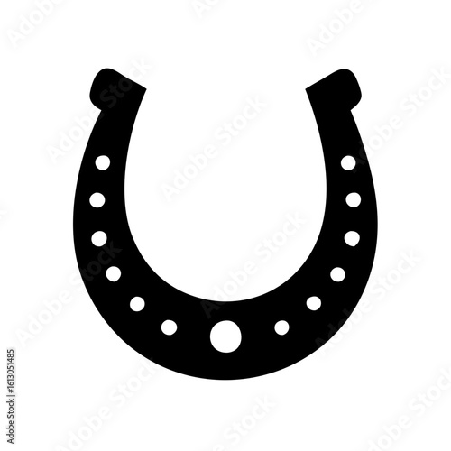 Simple horseshoe silhouette icon for good luck-Minimalistic black horseshoe silhouette with circular holes, symbolizing luck, protection, and equestrian themes in graphic design.