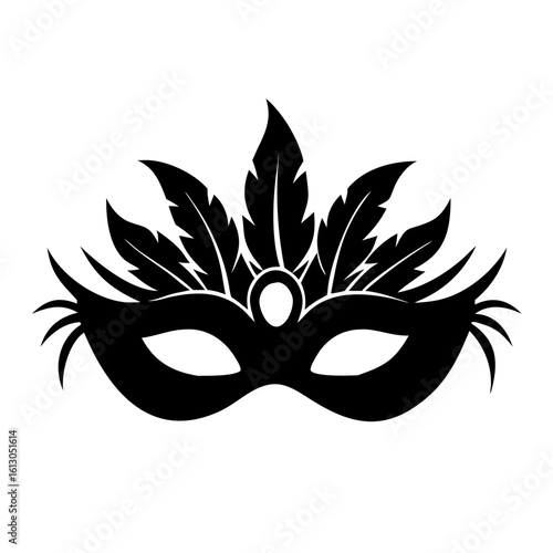 Decorative masquerade mask with gemstone and feathers-Black vector illustration of an ornate masquerade mask featuring multiple feathers and a central gemstone, symbolizing carnival, elegance, and fe