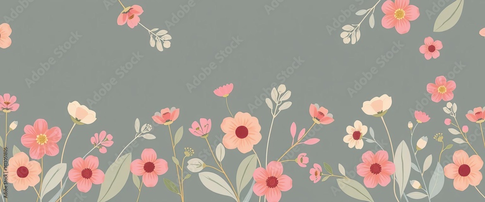 Fototapeta premium Pastel Scandinavian spring floral border Minimalist abstract leaves and flowers seamless repeat pattern for textile and wallpaper, design, subtle