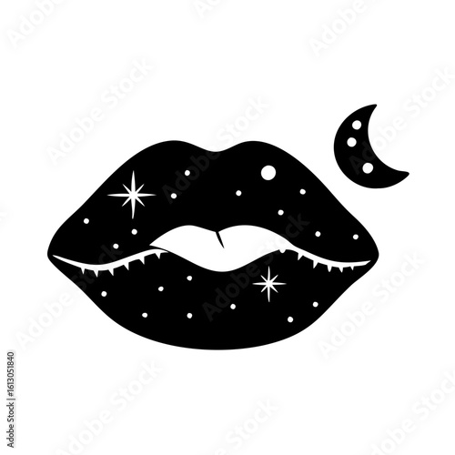Cosmic Lips with Stars and Crescent Moon-Stylized black lips illustration filled with stars and a nearby crescent moon, blending sensuality with a celestial night theme.