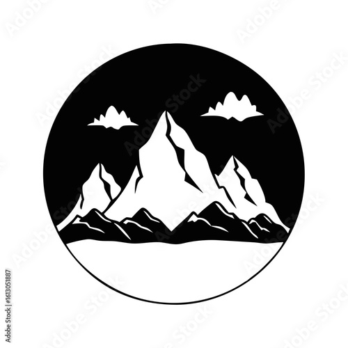Mountain Landscape Silhouette in Circular Icon-Black and white vector illustration of a mountain range with snow-capped peaks and clouds, enclosed in a circular frame.
