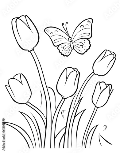 Flying butterfly in flower coloring page