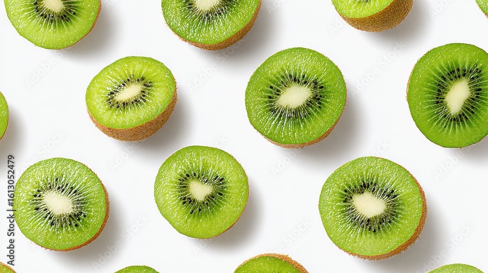 Fototapeta premium Slices Of Fresh Kiwi Fruit Arranged On White Background. Vibrant Green Pattern For Healthy Eating Concept