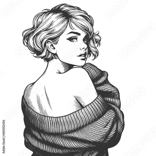 Woman in Sweater revealing shoulder sketch engraving generative ai fictional character vector illustration. Scratch board imitation. Black and white image.