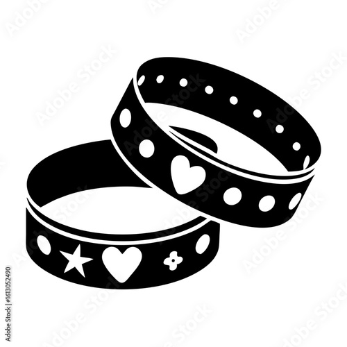 Black silhouette of superhero bracelets with symbols-Stylized black silhouette illustration of two superhero-style bracelets decorated with hearts, stars, and dots, symbolizing hero costume accessorie