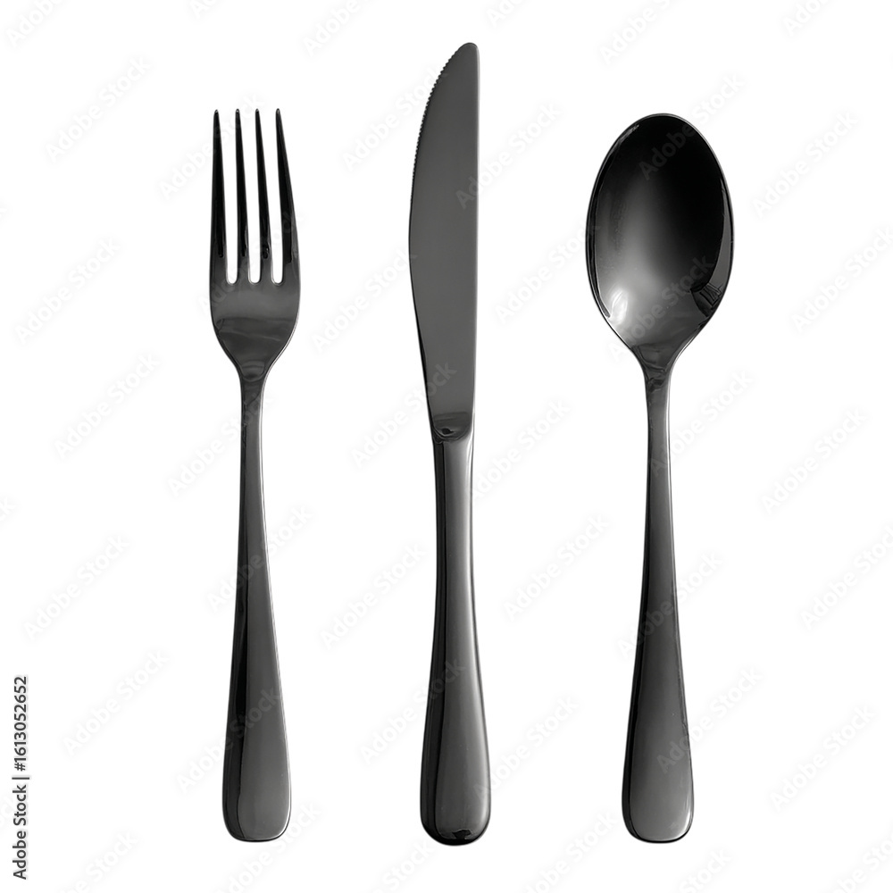 Sleek black cutlery set featuring a fork knife on transparent background Sleek black cutlery set featuring a fork knife on transparent background