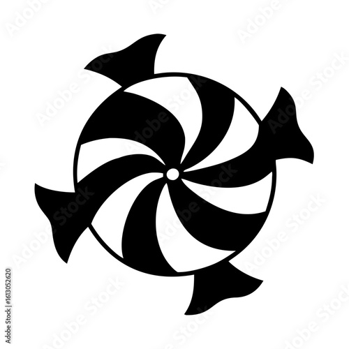 Black silhouette of round swirl candy-Stylized black silhouette of a circular candy with swirl design and four twisted ends, symbolizing sweets, sugar treats, and holiday confectionery.