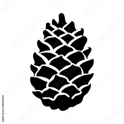 Black silhouette of natural pine cone-Stylized black silhouette of a single pine cone with overlapping scales, symbolizing forest nature, winter season, woodland plants, and holiday decor.