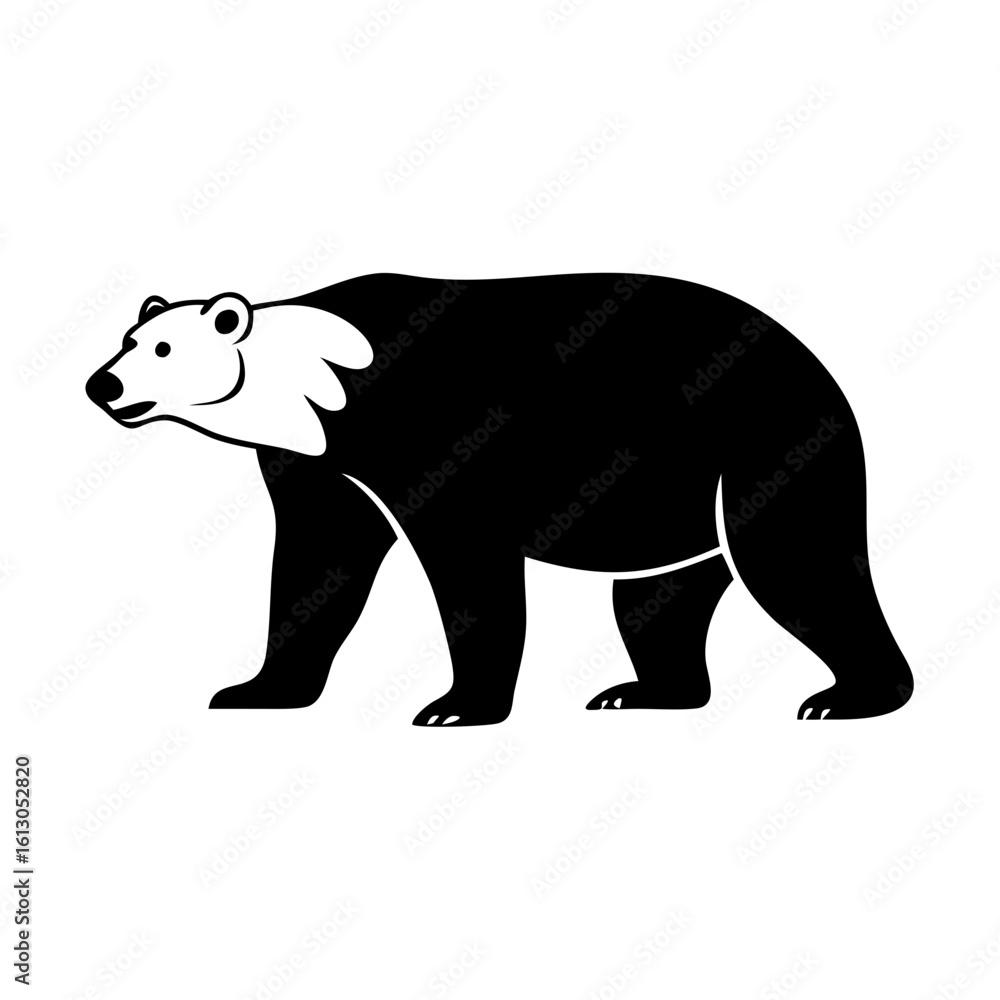 Fototapeta premium Black bear silhouette with white neck marking-Minimalistic black and white vector illustration of a bear standing in profile view, featuring a distinctive white marking on its neck.