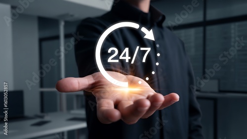 Person holding glowing 24 7 service symbol in open palm hours