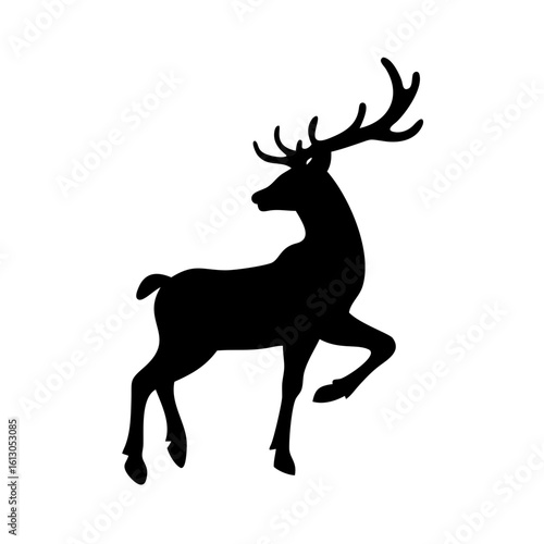 Standing reindeer silhouette icon for Christmas-Black silhouette of a reindeer with antlers lifting one front leg, symbolizing winter wildlife, festive holiday themes, and Christmas decor.
