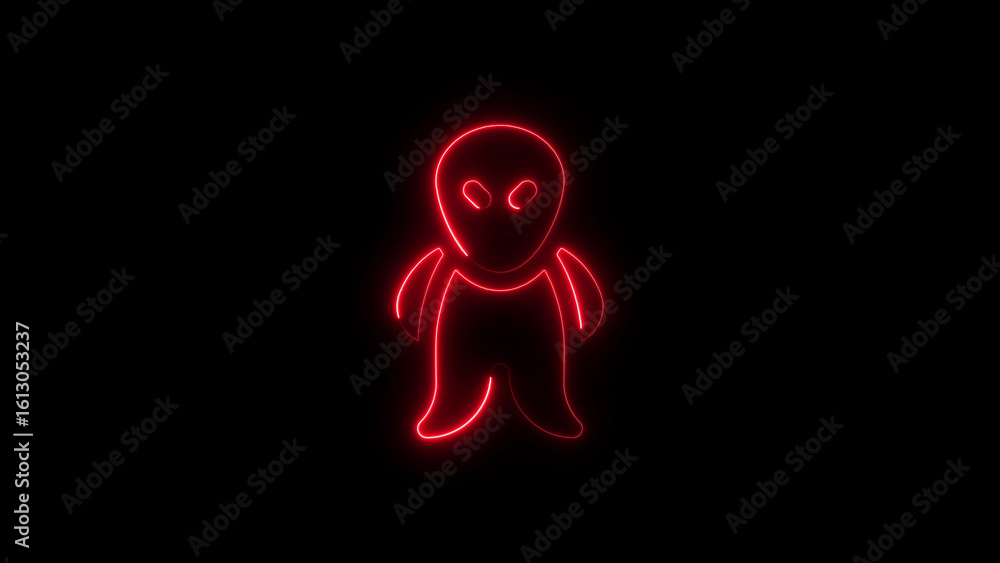 Red neon outline of a friendly alien creature illuminated against a black background Red neon outline of a friendly alien creature illuminated against a black background