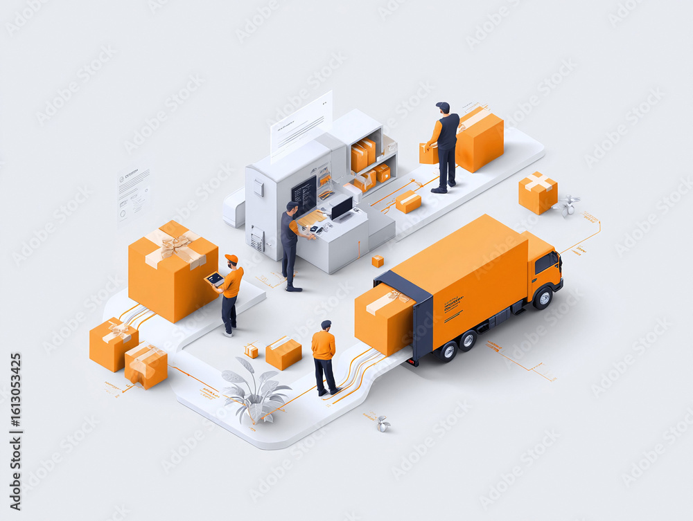 Fototapeta premium Isometric view showcases logistics. Orange boxes, workers, truck, symbolizing delivery, shipping, process, automation, efficiency, commerce, and ecommerce.