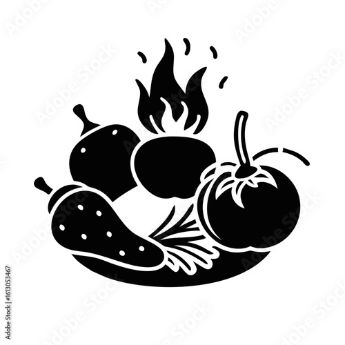 Vegetable Plate Silhouette with Fire Element-Black silhouette of assorted vegetables on a plate with flames, symbolizing hot food or cooking, ideal for culinary and farm-fresh graphics.