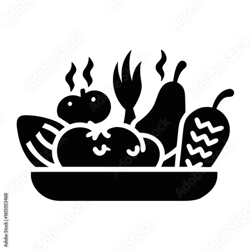 Steaming Vegetables Silhouette in Bowl Icon-Black silhouette of assorted steaming vegetables in a bowl, ideal for food, cooking, healthy eating, and vegetarian-themed graphics.