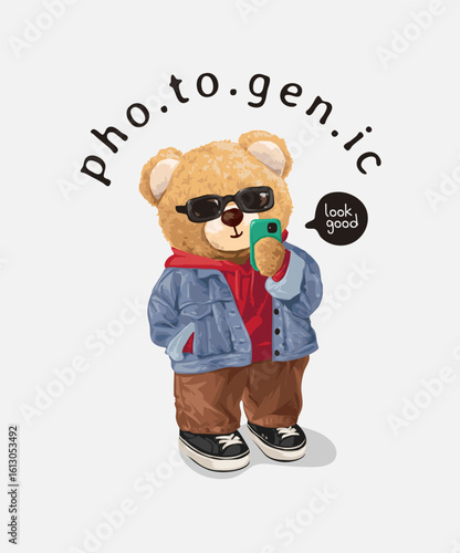 photogenic slogan with cute bear doll in sunglasses holding smartphone vector illustration