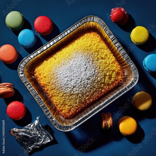 Yellow baked good in foil pan, surrounded by colorful macarons on a dark blue background