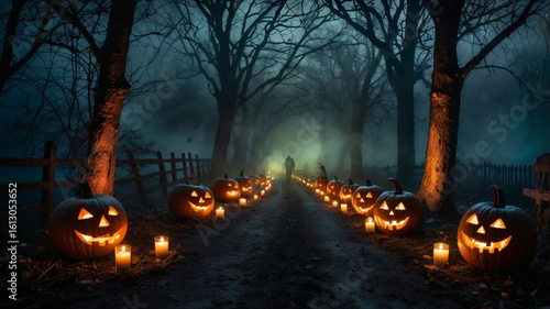 Wallpaper Mural A spooky Halloween night scene with glowing jack-o’-lanterns lighting a foggy path. Haunted houses loom in the distance, ghostly figures drift among twisted trees, and flickering candles cast eerie Torontodigital.ca