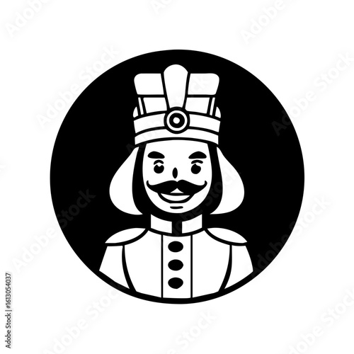 Black and white nutcracker soldier icon-Simple black and white circular icon of a smiling nutcracker soldier, commonly used in holiday or Christmas themed designs.