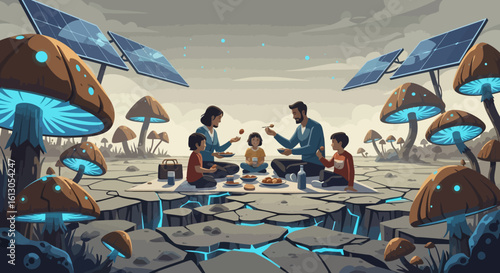 Family picnic under solar panels and glowing mushroom caps in a surreal landscape