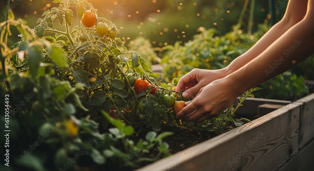 Fototapeta premium Gentle hands tending to ripening tomatoes in a sun-drenched garden bed