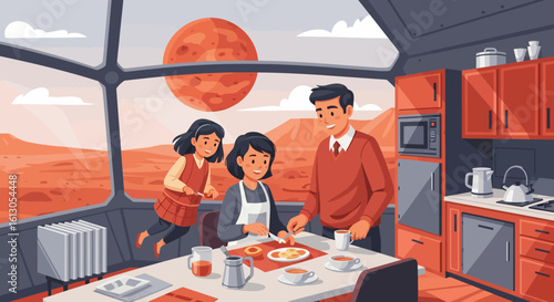 Family Preparing Breakfast on Mars, Observing the Red Planet from Kitchen.