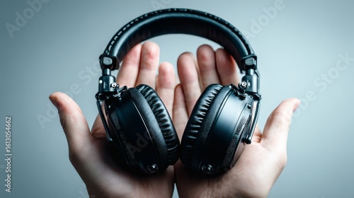 Black Over-ear Headphones Held by Hand Against Light Blue Background