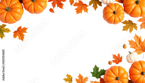 Pumpkin border and autumn leaves as floral illustration frame, isolated on white background