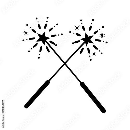 Crossed Sparklers Icon for Celebration Concept-Black and white vector illustration of two crossed sparklers emitting sparks, representing celebration, joy, or festive decoration.