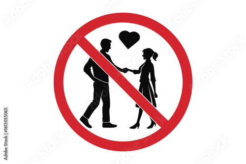 No romantic relationship allowed symbol with silhouetted couple holding hands and a heart above isolated on white background silhouette